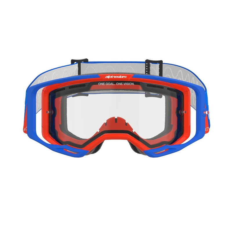 Niebiesko-pomarańczowe gogle motocrossowe Alpinestars Vision 8 Wordmark z podwójną, przezroczystą soczewką przeciwmgielną
