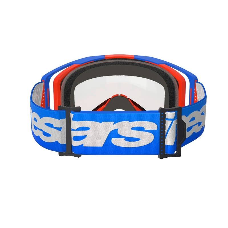Niebiesko-pomarańczowe gogle motocrossowe Alpinestars Vision 8 Wordmark z podwójną, przezroczystą soczewką przeciwmgielną