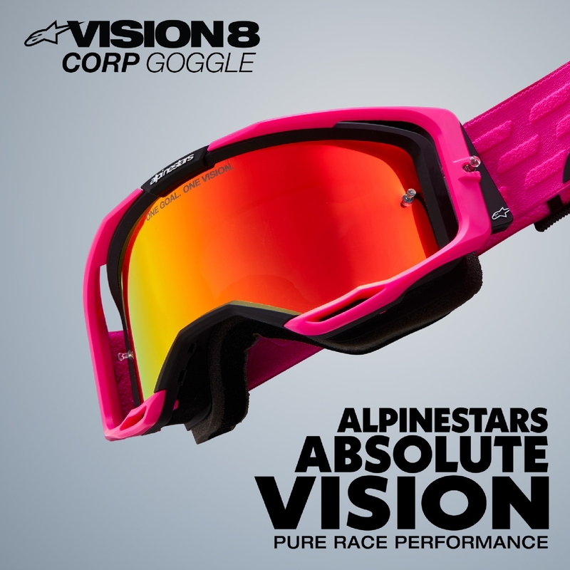 Niebiesko-pomarańczowe gogle motocrossowe Alpinestars Vision 8 Wordmark z podwójną, przezroczystą soczewką przeciwmgielną