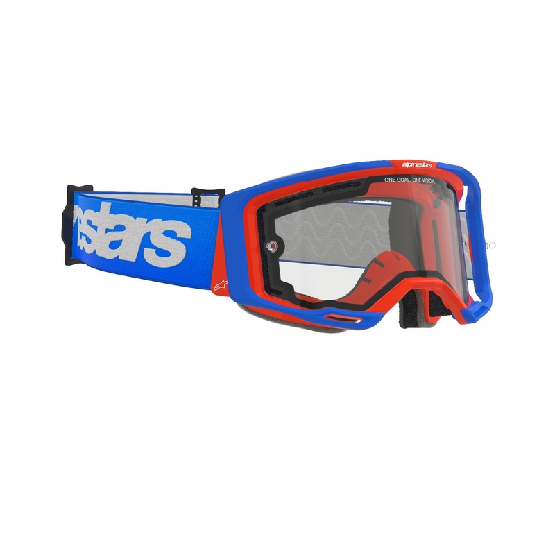 Niebiesko-pomarańczowe gogle motocrossowe Alpinestars Vision 8 Wordmark z podwójną, przezroczystą soczewką przeciwmgielną
