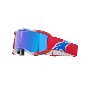 Gogle motocrossowe Alpinestars Vision 5 Corp w kolorze czerwono-biało-niebieskim z lustrzanymi niebieskimi soczewkami