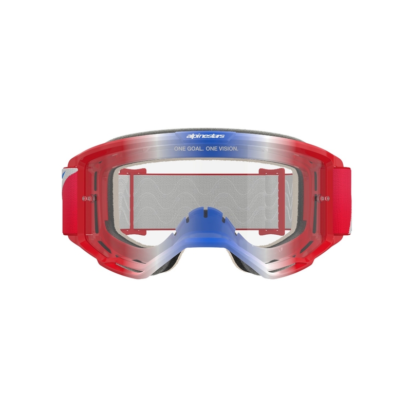 Gogle motocrossowe Alpinestars Vision 5 Corp w kolorze czerwono-biało-niebieskim z przezroczystymi soczewkami
