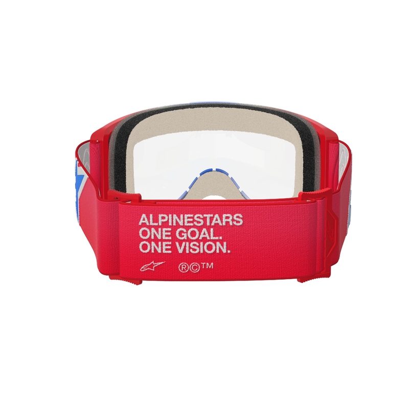 Gogle motocrossowe Alpinestars Vision 5 Corp w kolorze czerwono-biało-niebieskim z przezroczystymi soczewkami