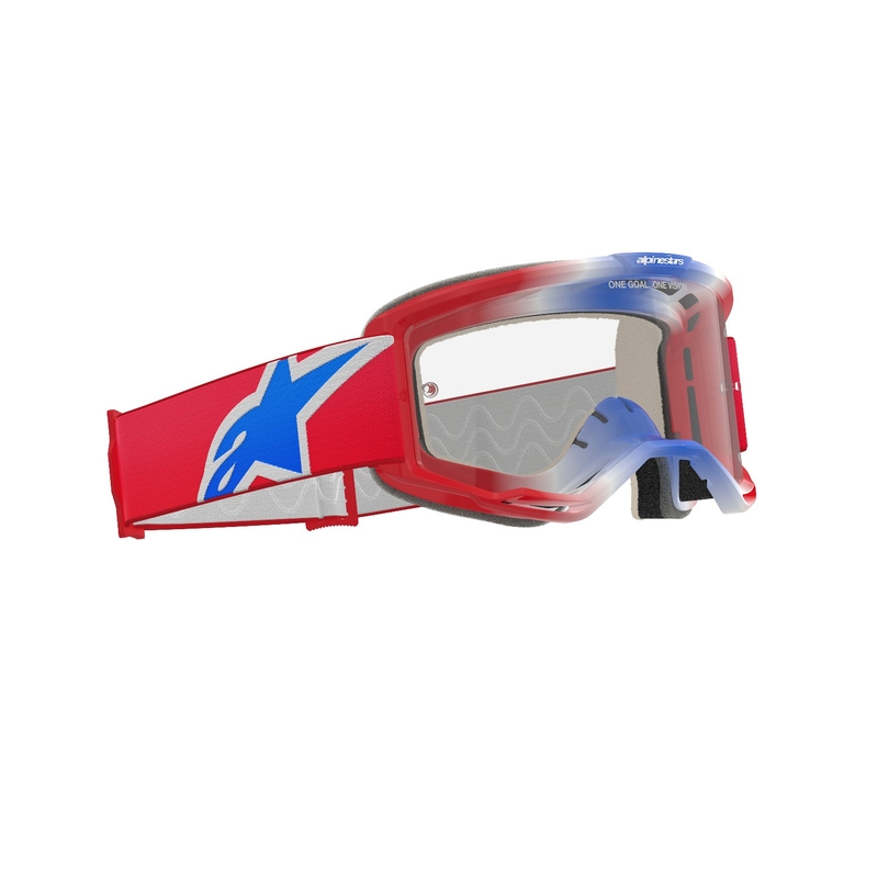 Gogle motocrossowe Alpinestars Vision 5 Corp w kolorze czerwono-biało-niebieskim z przezroczystymi soczewkami
