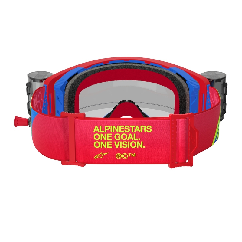 Gogle motocrossowe Alpinestars Supertech Corp ROLL-OFF w kolorze czerwono-niebieskim z przezroczystymi soczewkami