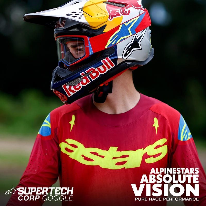Gogle motocrossowe Alpinestars Supertech Corp ROLL-OFF w kolorze czerwono-niebieskim z przezroczystymi soczewkami