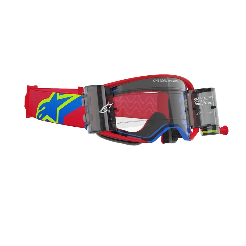 Gogle motocrossowe Alpinestars Supertech Corp ROLL-OFF w kolorze czerwono-niebieskim z przezroczystymi soczewkami