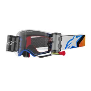 Niebiesko-pomarańczowe gogle motocrossowe Alpinestars Supertech Corp ROLL-OFF z przezroczystymi soczewkami