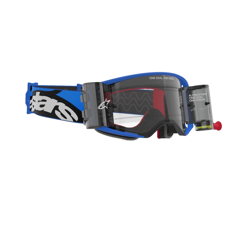 Gogle motocrossowe Alpinestars Supertech Stream ROLL-OFF Wide Vision w kolorze niebieskim z przezroczystymi soczewkami