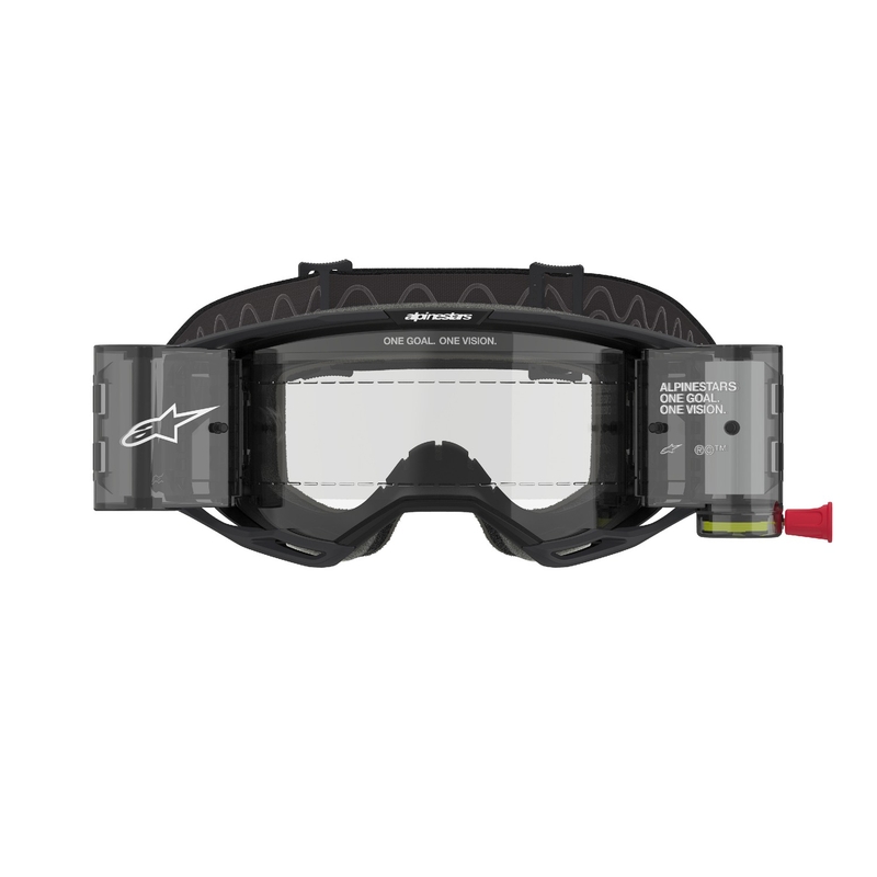Czarne gogle motocrossowe Alpinestars Vision 8 Corp ROLL-OFF Wide Vision z przezroczystymi soczewkami
