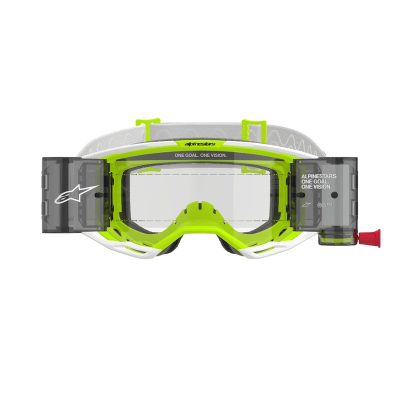 Gogle motocrossowe Alpinestars Vision 8 Wordmark ROLL-OFF Wide Vision biało-fluo żółte z przezroczystymi soczewkami