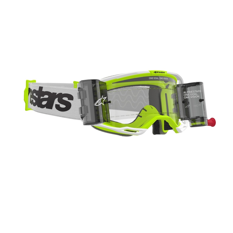 Gogle motocrossowe Alpinestars Vision 8 Wordmark ROLL-OFF Wide Vision biało-fluo żółte z przezroczystymi soczewkami