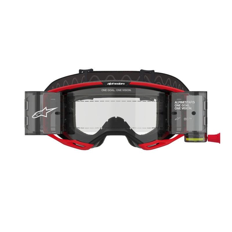 Gogle motocrossowe Alpinestars Vision 8 Luar ROLL-OFF w kolorze czerwono-czarnym z przezroczystymi soczewkami