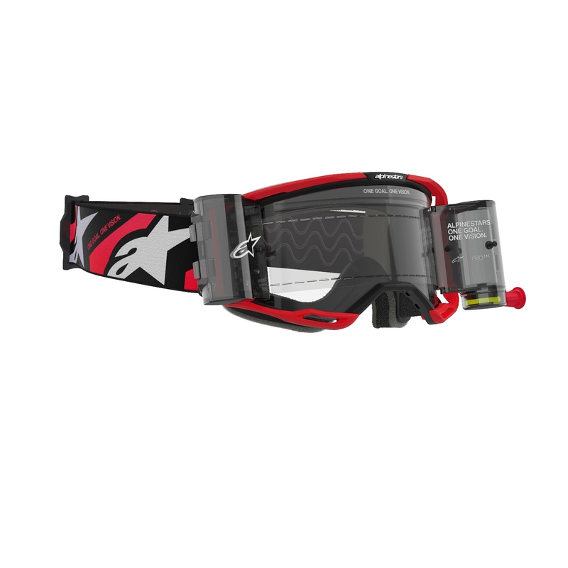 Gogle motocrossowe Alpinestars Vision 8 Luar ROLL-OFF w kolorze czerwono-czarnym z przezroczystymi soczewkami