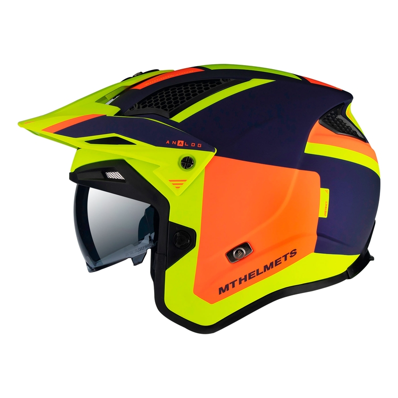 Kask motocyklowy otwarty MT District SV Analog D27 niebiesko-pomarańczowo-fluo żółty - II. jakość