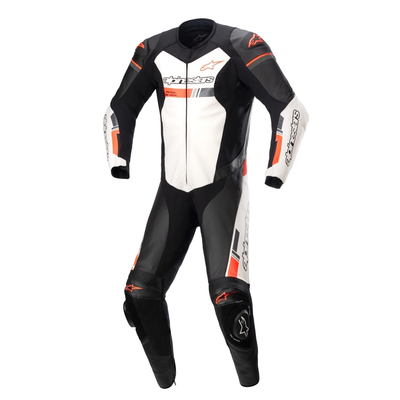 Kompatybilny jednoczęściowy skórzany kombinezon motocyklowy Alpinestars GP Force TECH-AIR 5 w kolorze czarno-biało-fluoczerwonym