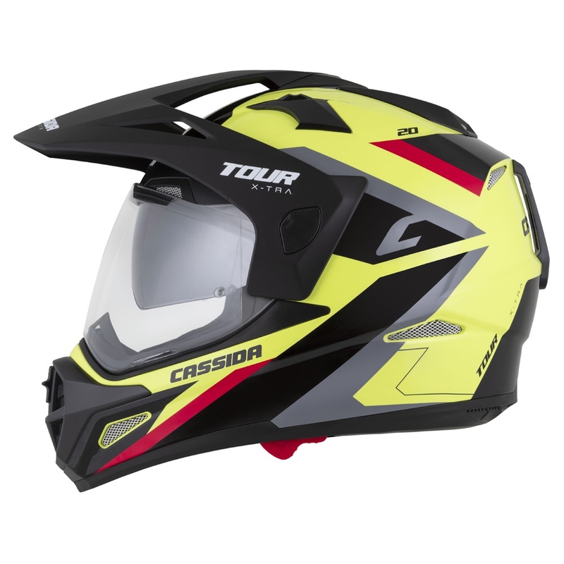 Kask enduro Cassida Tour 2.0 X-tra fluo żółto-czarno-czerwono-szary z czarnym matowym wizjerem