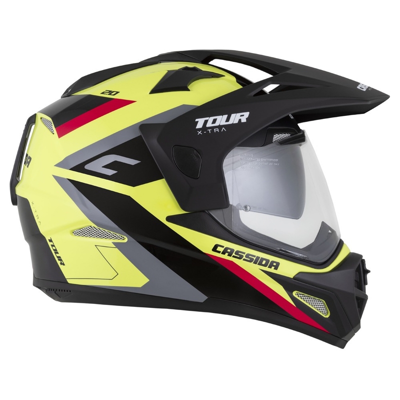Kask enduro Cassida Tour 2.0 X-tra fluo żółto-czarno-czerwono-szary z czarnym matowym wizjerem