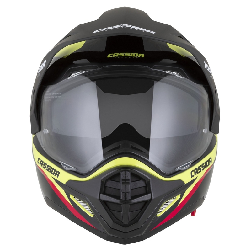 Kask enduro Cassida Tour 2.0 X-tra fluo żółto-czarno-czerwono-szary z czarnym matowym wizjerem