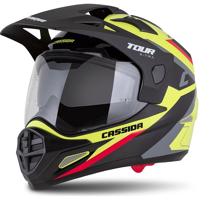 Kask enduro Cassida Tour 2.0 X-tra fluo żółto-czarno-czerwono-szary z czarnym matowym wizjerem