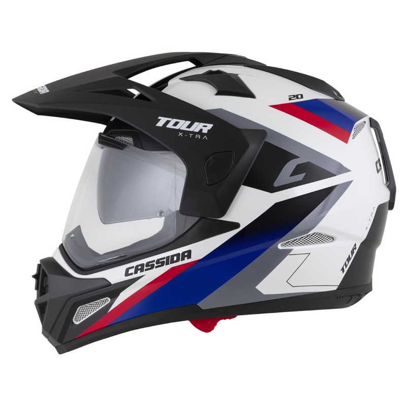 Kask enduro Cassida Tour 2.0 X-tra biało-niebiesko-czerwono-czarny z czarnym matowym wizjerem