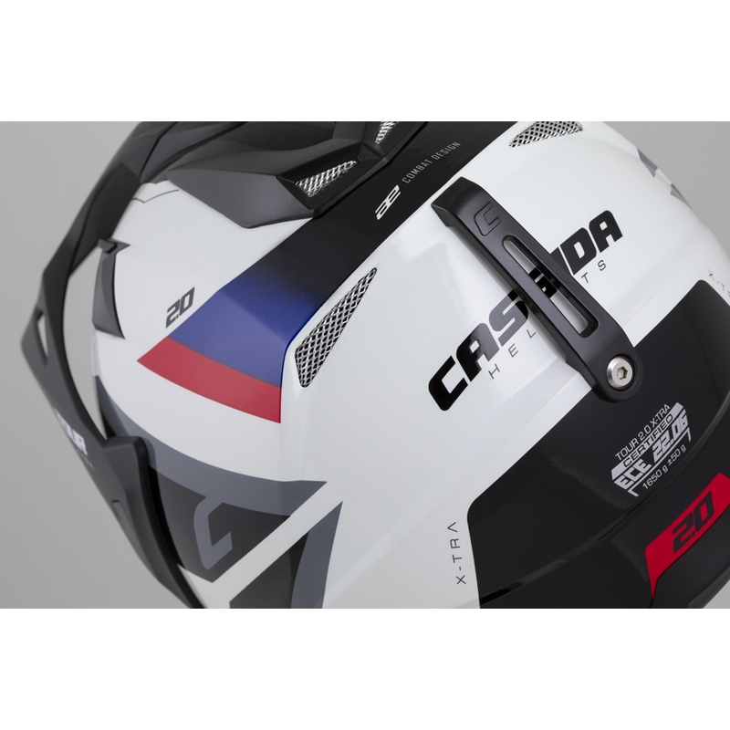 Kask enduro Cassida Tour 2.0 X-tra biało-niebiesko-czerwono-czarny z czarnym matowym wizjerem