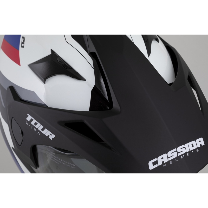Kask enduro Cassida Tour 2.0 X-tra biało-niebiesko-czerwono-czarny z czarnym matowym wizjerem