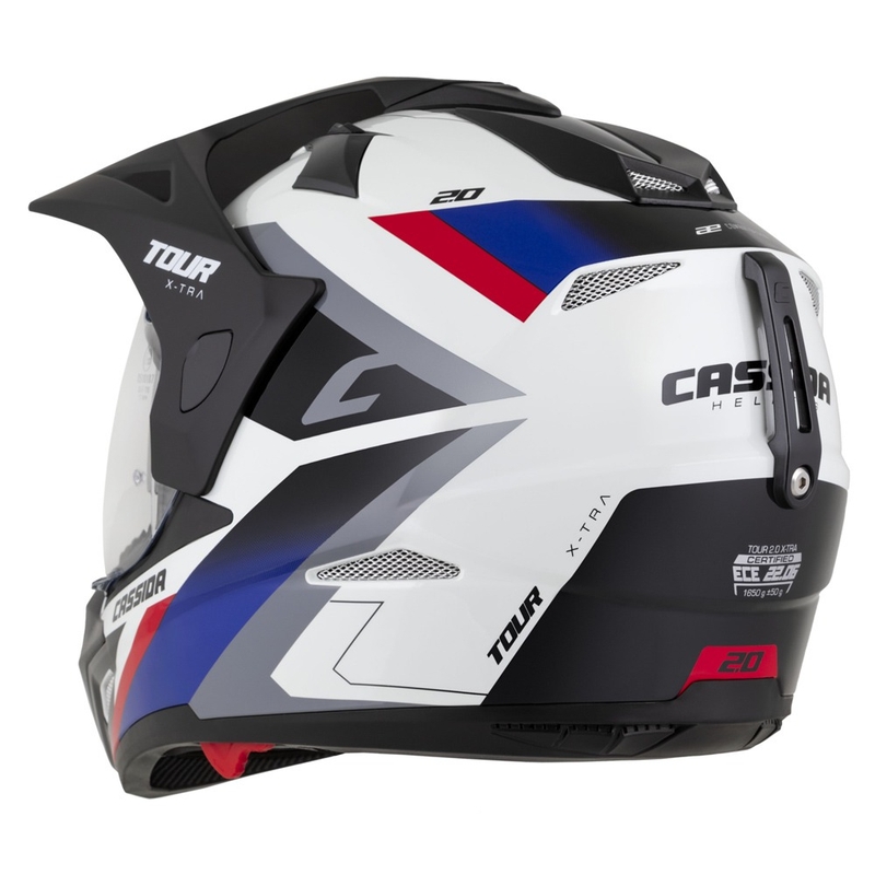 Kask enduro Cassida Tour 2.0 X-tra biało-niebiesko-czerwono-czarny z czarnym matowym wizjerem