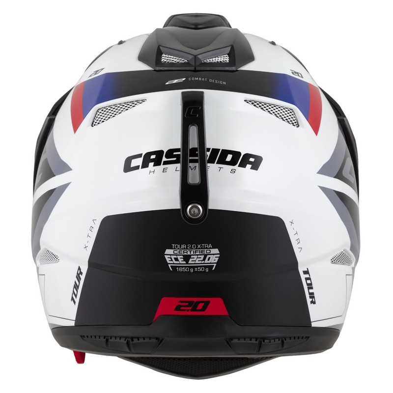 Kask enduro Cassida Tour 2.0 X-tra biało-niebiesko-czerwono-czarny z czarnym matowym wizjerem