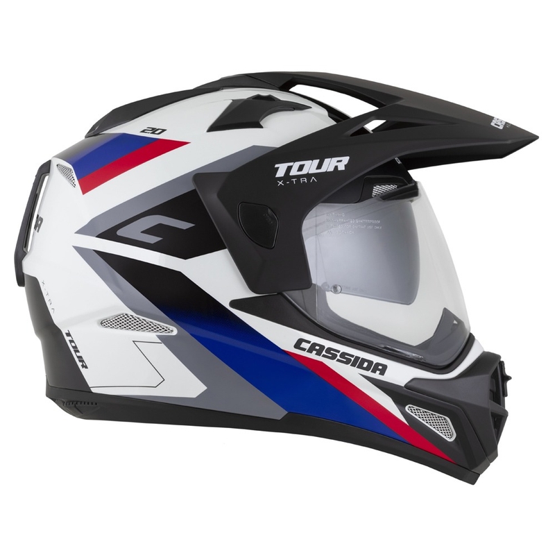 Kask enduro Cassida Tour 2.0 X-tra biało-niebiesko-czerwono-czarny z czarnym matowym wizjerem