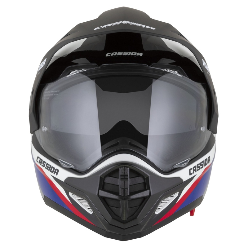 Kask enduro Cassida Tour 2.0 X-tra biało-niebiesko-czerwono-czarny z czarnym matowym wizjerem