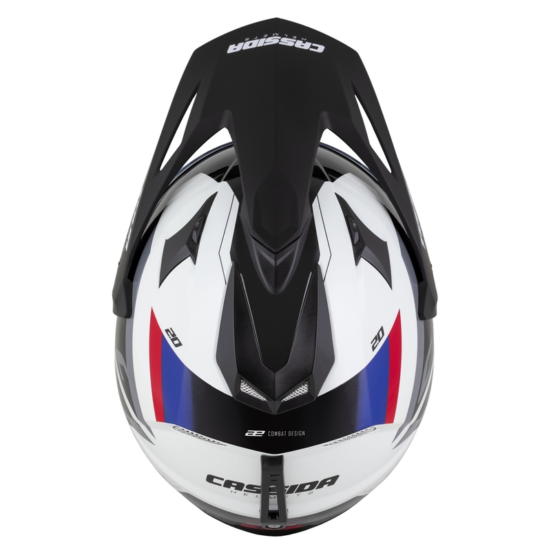 Kask enduro Cassida Tour 2.0 X-tra biało-niebiesko-czerwono-czarny z czarnym matowym wizjerem