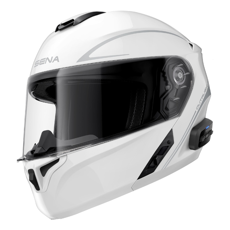 Kask motocyklowy z odchylanym daszkiem i słuchawkami SENA Outrush R błyszczący biały