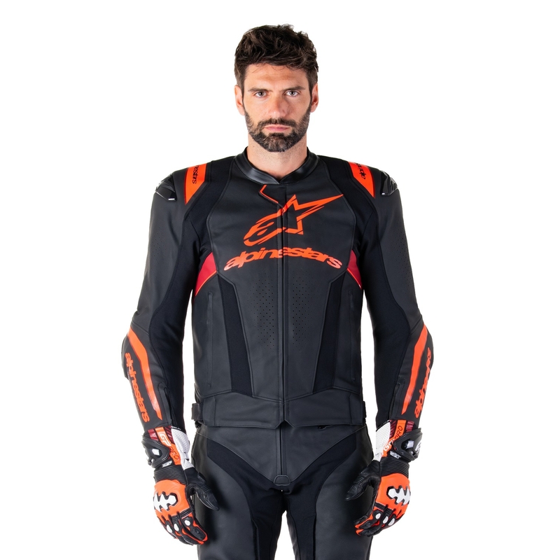Skórzana kurtka motocyklowa Alpinestars Missile 3 Ignition w kolorze czarno-fluo czerwono-ciemnoczerwonym