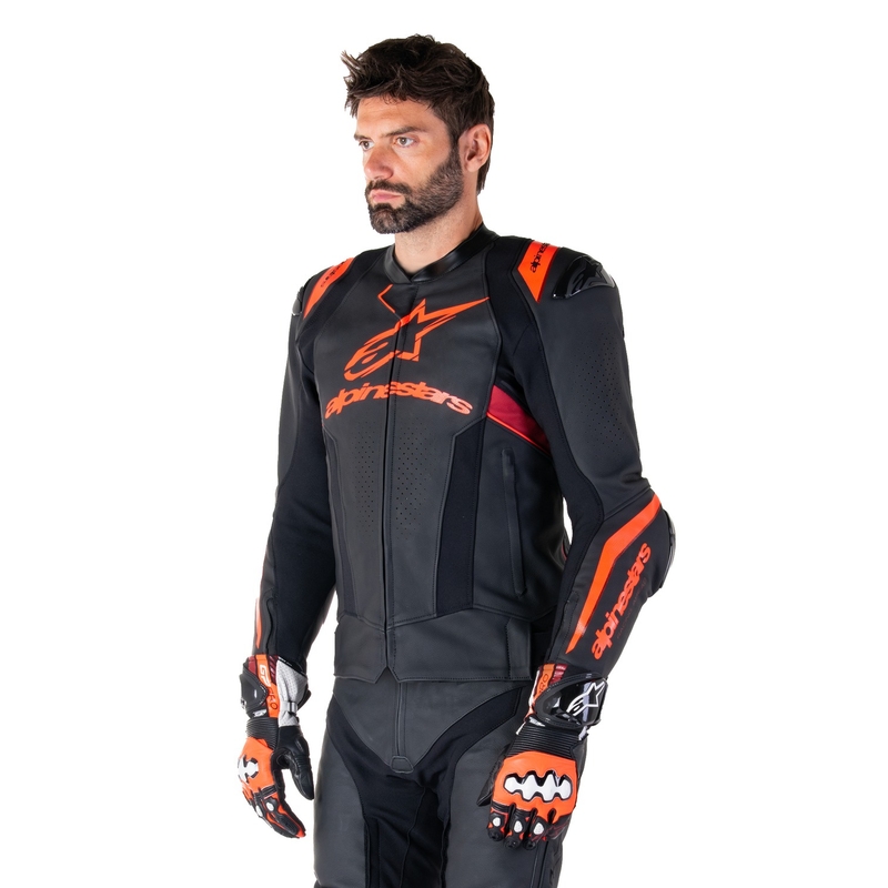 Skórzana kurtka motocyklowa Alpinestars Missile 3 Ignition w kolorze czarno-fluo czerwono-ciemnoczerwonym
