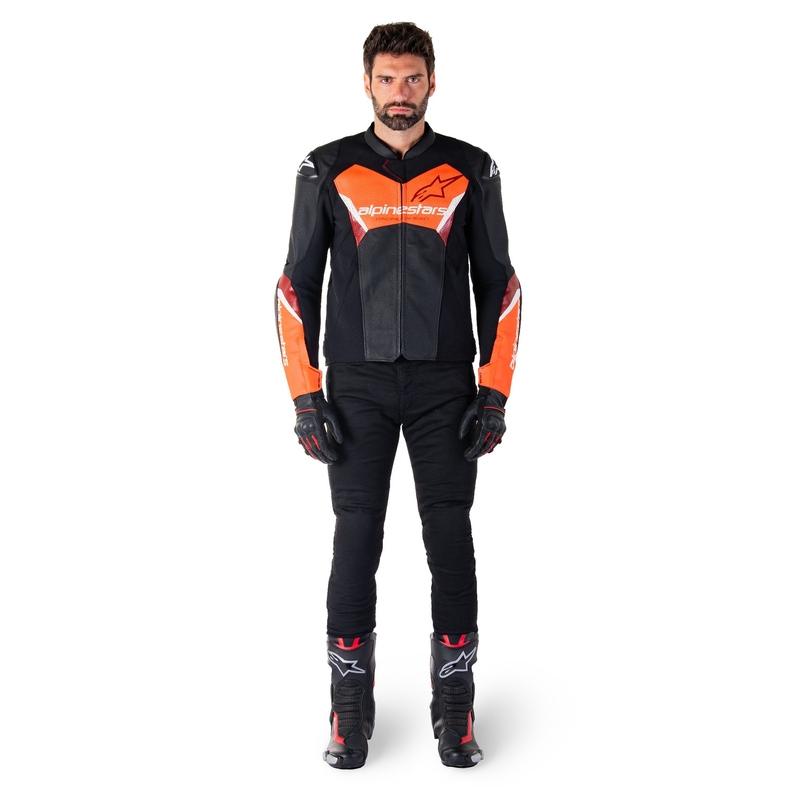 Skórzana kurtka motocyklowa Alpinestars Faster 3 Airflow czarno-fluo-czerwona