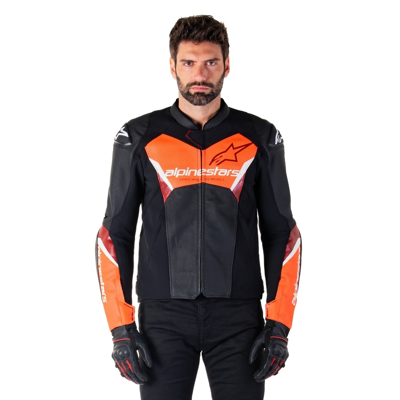 Skórzana kurtka motocyklowa Alpinestars Faster 3 Airflow czarno-fluo-czerwona