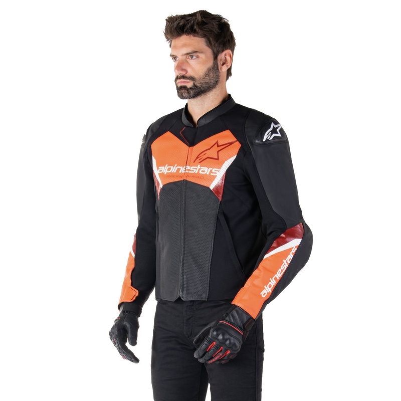 Skórzana kurtka motocyklowa Alpinestars Faster 3 Airflow czarno-fluo-czerwona