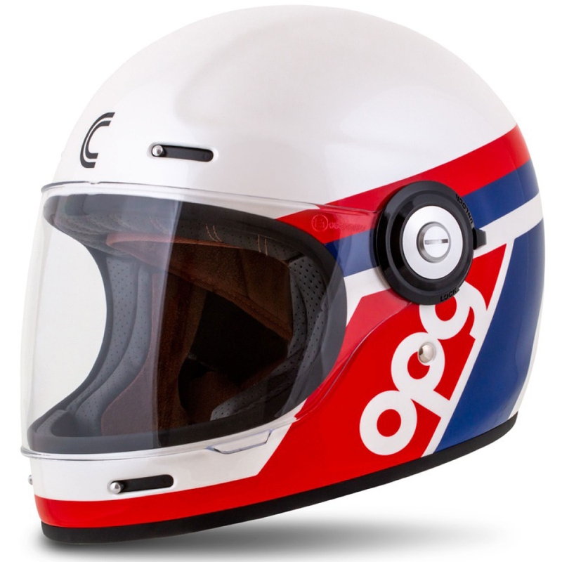 Integralny kask motocyklowy Cassida Fibre OPG, biało-niebiesko-czerwony