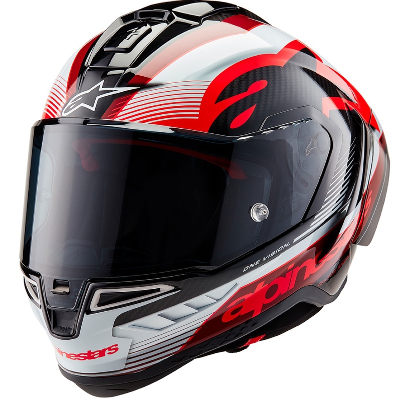 Czerwono-biały integralny kask motocyklowy Alpinestars Supertech R-10 Team z włókna węglowego