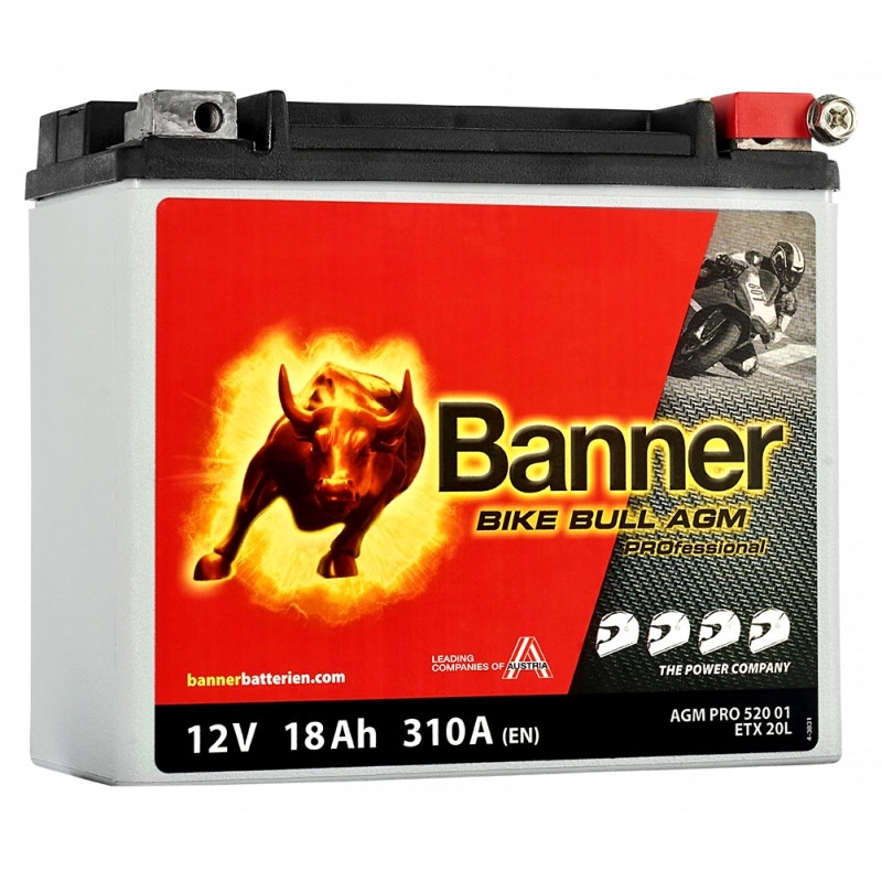 Bezobsługowy akumulator motocyklowy Banner Bike Bull AGM PRO 520 01/BETX20L - ETX20L 12V, 18Ah, 310A