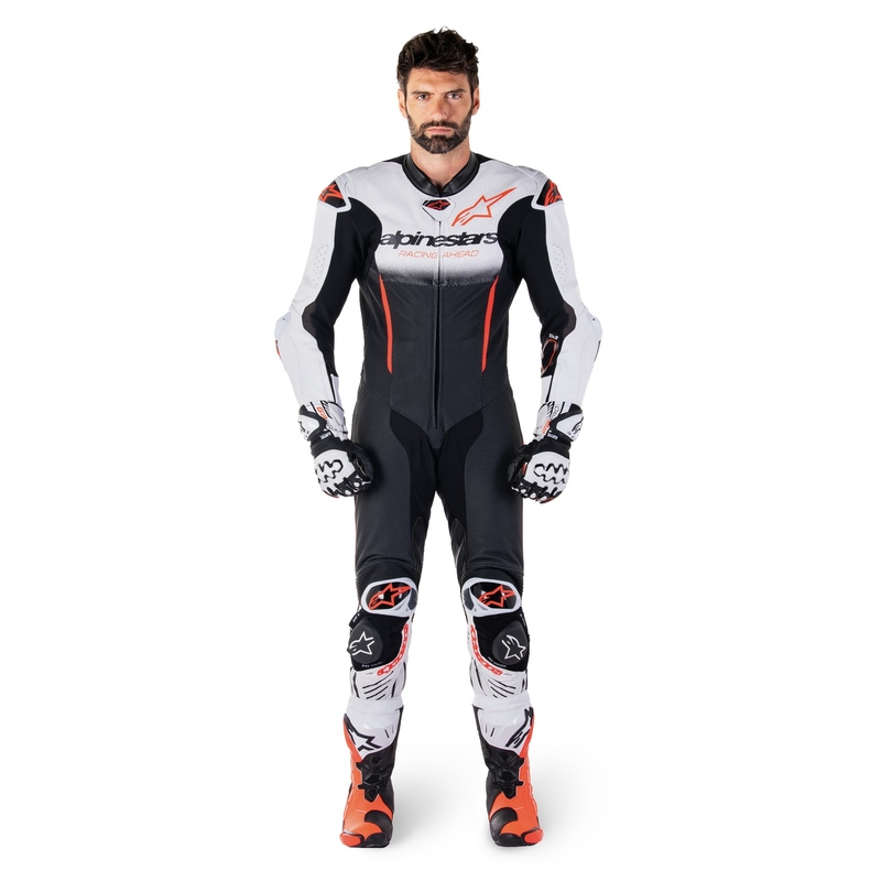 Kombinezon jednoczęściowy skórzany Alpinestars GP-R7 zgodny z technologią Tech-Air biało-czarno-fluoczerwony