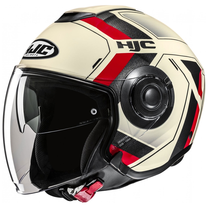 Kask motocyklowy otwarty HJC i40N Velu MC1 beżowo-czarno-czerwony