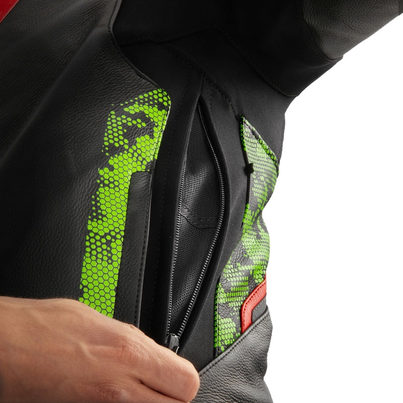 Kurtka motocyklowa skórzana Rebelhorn Veloce w kolorze czarno-zielono-kamo-fluo-czerwona