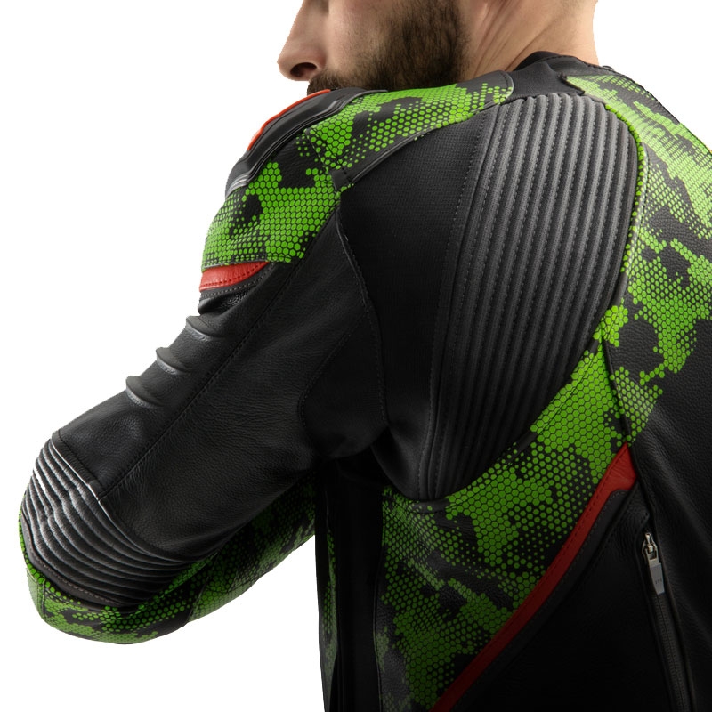 Kurtka motocyklowa skórzana Rebelhorn Veloce w kolorze czarno-zielono-kamo-fluo-czerwona