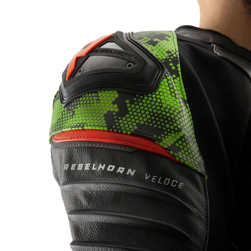 Kurtka motocyklowa skórzana Rebelhorn Veloce w kolorze czarno-zielono-kamo-fluo-czerwona