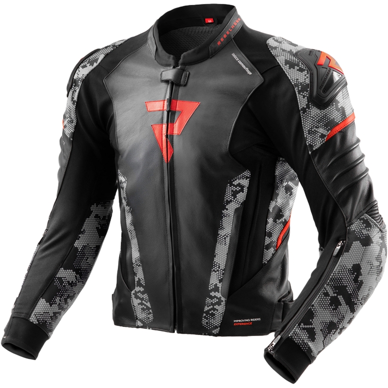 Skórzana kurtka motocyklowa Rebelhorn Veloce w kolorze czarno-szaro-fluoczerwonym