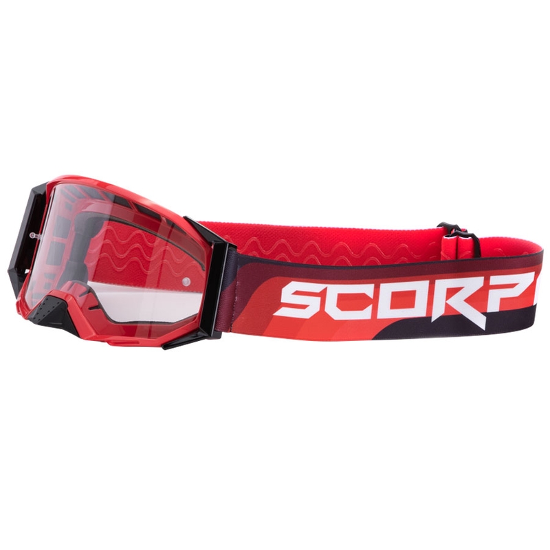 Gogle motocrossowe Scorpion E24 czerwono-czarne z przezroczystym pleksiglasem