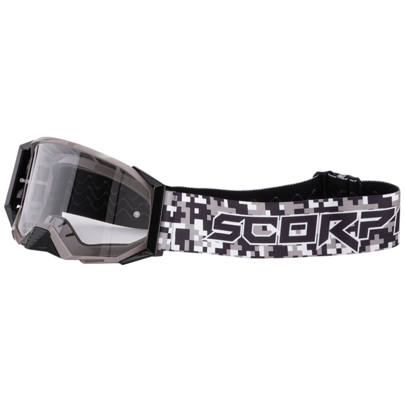 Gogle motocrossowe Scorpion E24 w kamuflażu z przezroczystym pleksiglasem