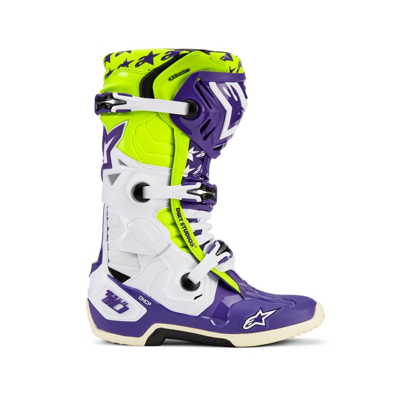 Buty motocyklowe Alpinestars TECH 10 edycja limitowana Dirt Studios fioletowo-biało-fluorescencyjno-żółte
